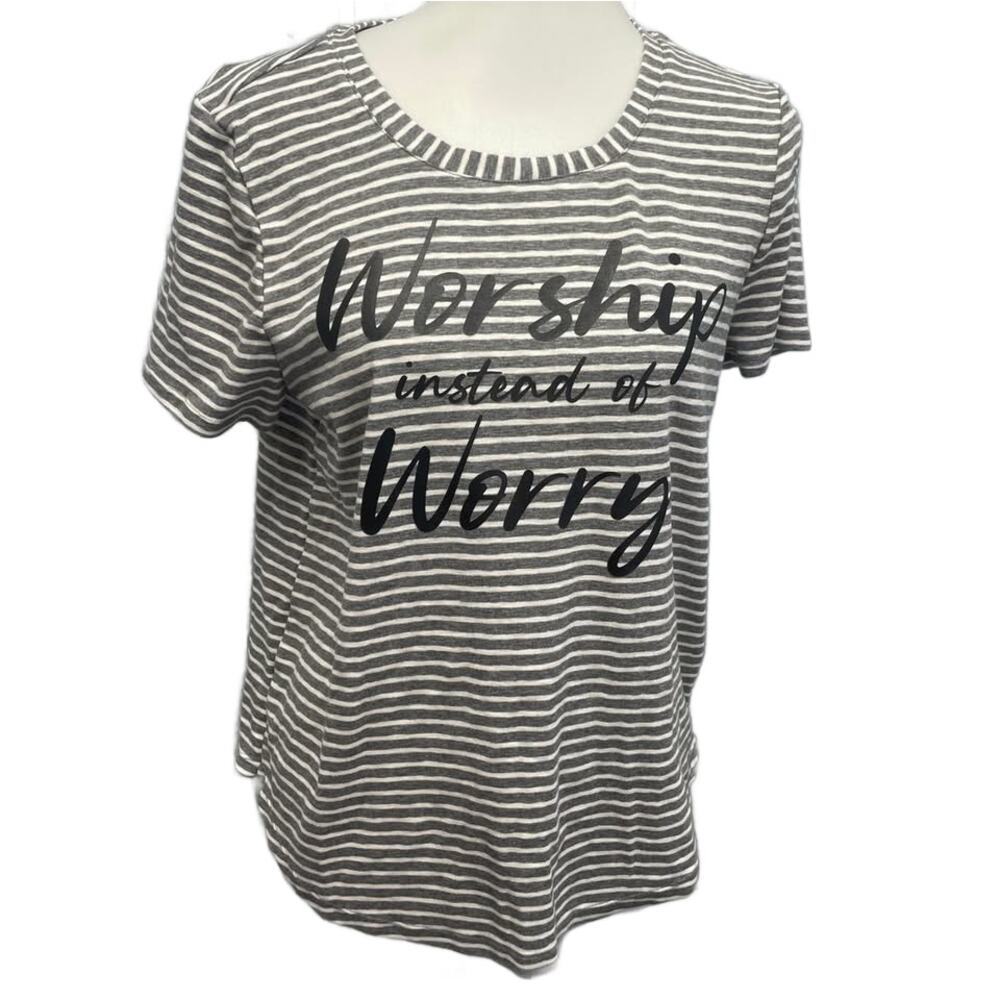 Hand Printed Upcycled Womens Large Worship Instead of Worry Striped Tee Shirt